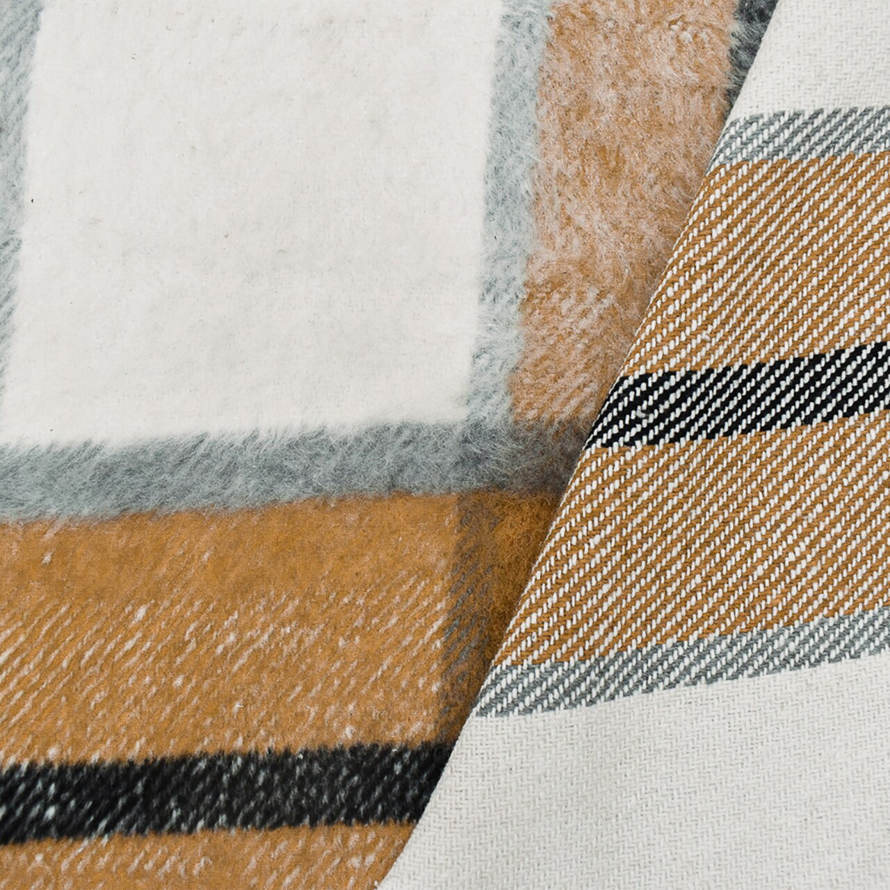 Brown-Multi Poly-Wool Single Sided Brush Plaid Woven Jacketing Fabric By the Yard